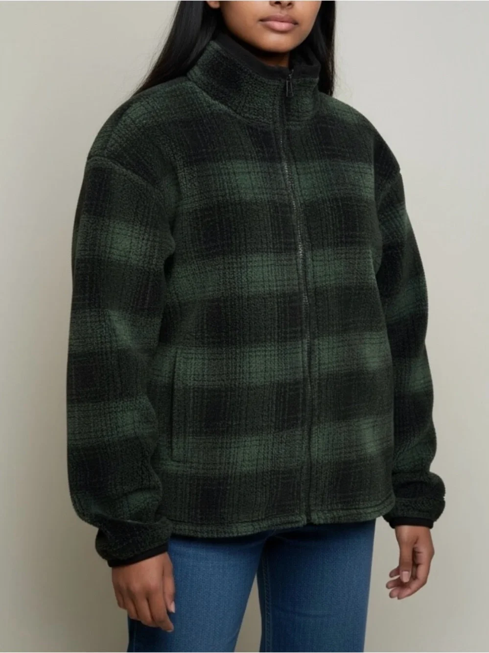 Gap Kids Unisex Green Black Plaid Full Zip High Neck Fleece Jacket Size XL 12-14